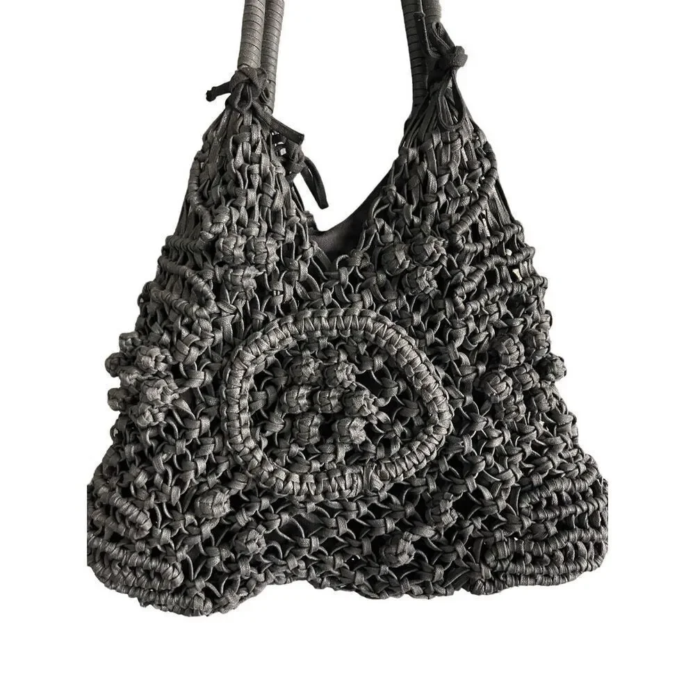 Clever Carriage Company Womens Black Crocheted Positano Hand Macrame Satchel Bag